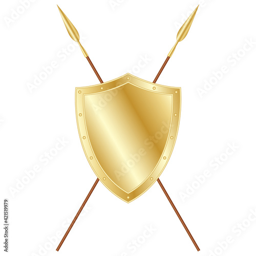 Golden medieval shield and crossed spears, vector illustration design
