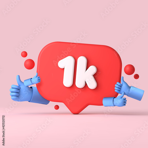 Fototapeta 1 thousand followers social media banner thumbs up. 3D Rendering