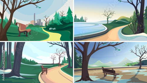 Collection of spring parks. Beautiful nature landscapes.