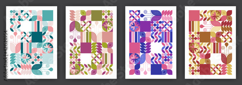 Vintage Floral Geometric Pattern Abstract Posters Set, Colorful floral Concept Vector Background for Presentations, Promotional Flyers, Brochure etc.