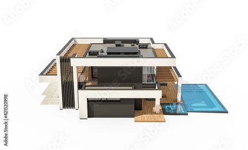 3d rendering of modern cozy house with pool and parking for sale or rent in luxurious style. Isolated on white