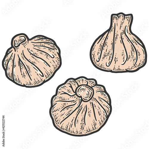 Georgian dish, three khinkali. Sketch scratch board imitation color.