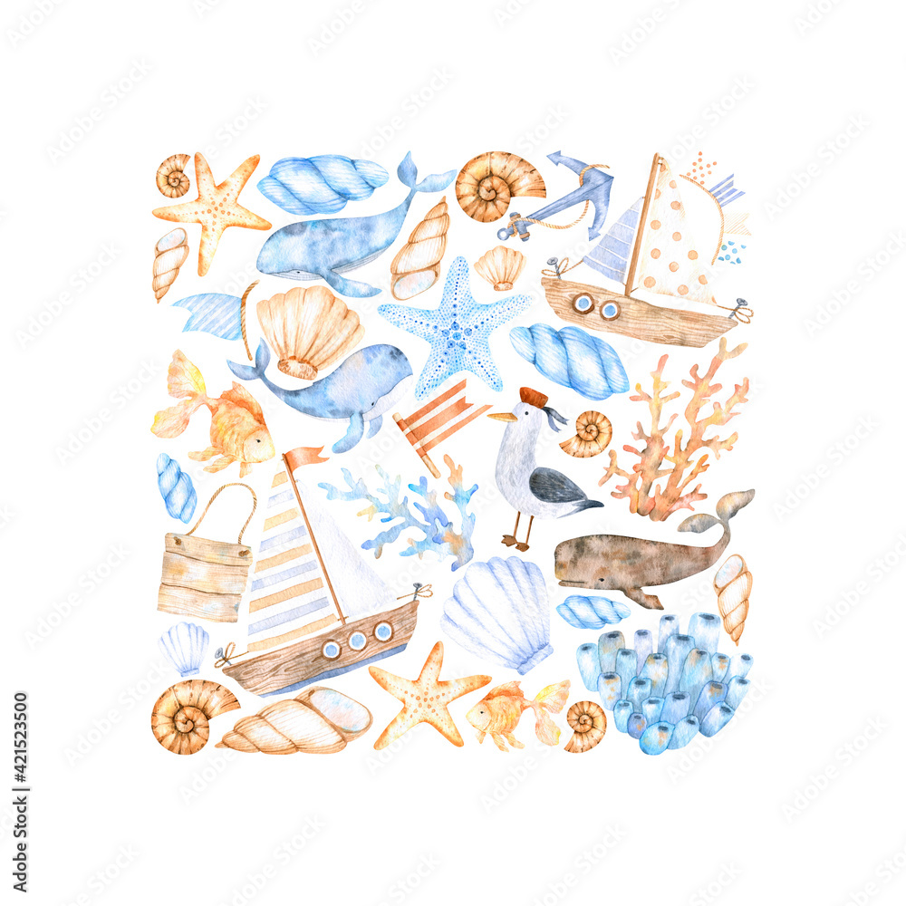 Composition square with watercolor sea elements of blue whale, seashells, coral and starfish in blue and beige tones.Great for cards, posters, coupons, baby products, decorative paper