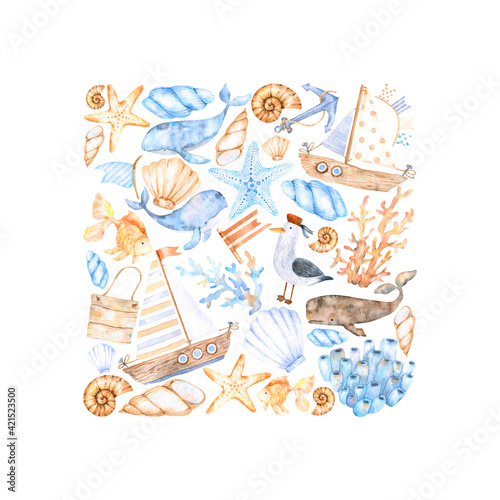 Composition square with watercolor sea elements of blue whale, seashells, coral and starfish in blue and beige tones.Great for cards, posters, coupons, baby products, decorative paper
