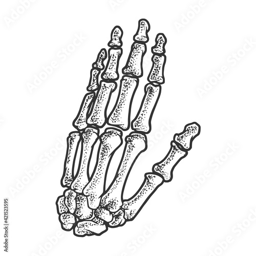 hand bones skeleton sketch engraving vector illustration. T-shirt apparel print design. Scratch board imitation. Black and white hand drawn image.