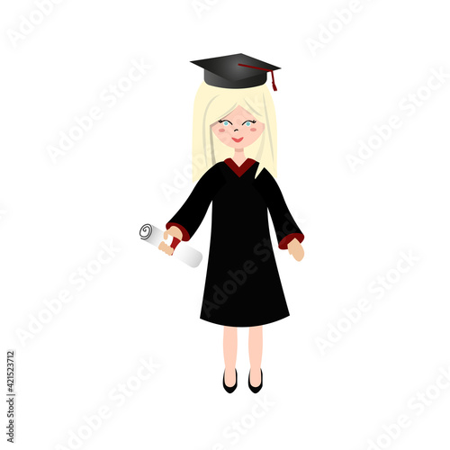 graduate European female student wearing academic gown and graduation cap. Vector illustration isolated