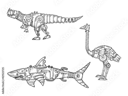 Mechanical animal set shark dinosaur ostrich bird sketch engraving vector illustration. T-shirt apparel print design. Scratch board imitation. Black and white hand drawn image.