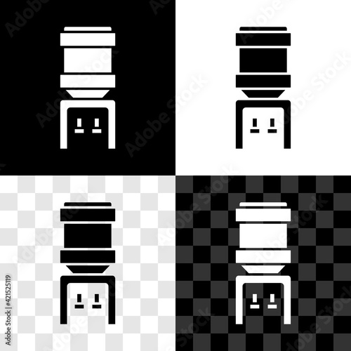 Set Water cooler for office and home icon isolated on black and white, transparent background. Water dispenser. Bottle office, plastic and liquid. Vector