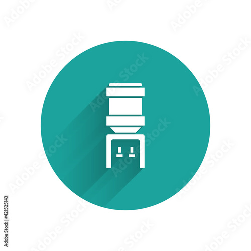 White Water cooler for office and home icon isolated with long shadow. Water dispenser. Bottle office, plastic and liquid. Green circle button. Vector