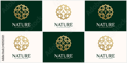 Set creative nature, beauty, flower leaf logo template in gold color