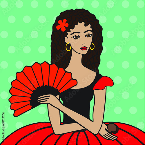 Portrait of a Spanish woman with a fan and castanets. A gypsy with a flower in her hair. A brunette in a red dress. girl with a fan