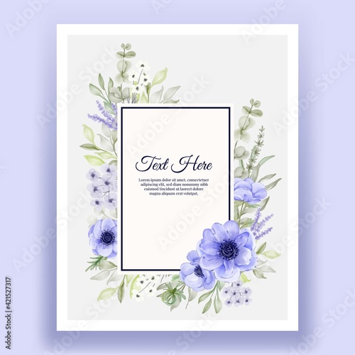 Beautiful floral frame with elegant flower anemone purple and white