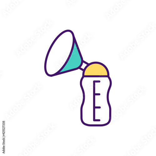 Pumping breast milk RGB color icon. Storing breastmilk. Meeting baby nutritional needs. Overfilled breast pressure relieving. Maintaining adequate milk production. Isolated vector illustration