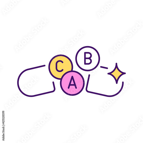 Vitamins RGB color icon. Support for proper body functioning. A, B, C vitamins getting from food and supplements. Essential nutrients. Helpful organic substances. Isolated vector illustration