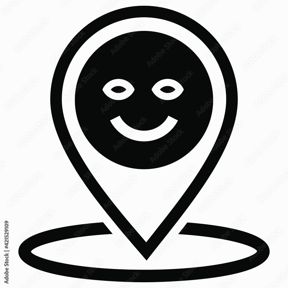 Location and emoticon icon. Review of the place. Point of GPS. Positive emoticon. Vector icon. Location and emoticon icon. Review of the place. Point of GPS. Positive emoticon. Vector icon.