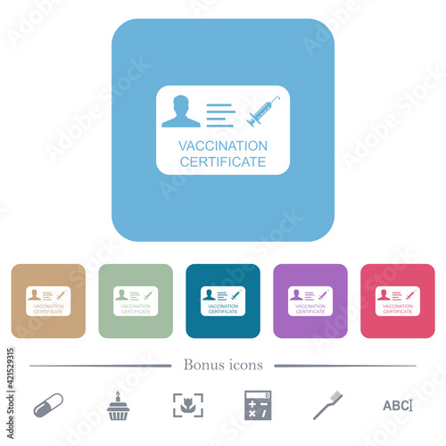 Vaccination certificate flat icons on color rounded square backgrounds