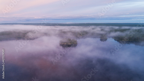 Early morning with mist above the lake and forest. Aerial view. Drone photography.