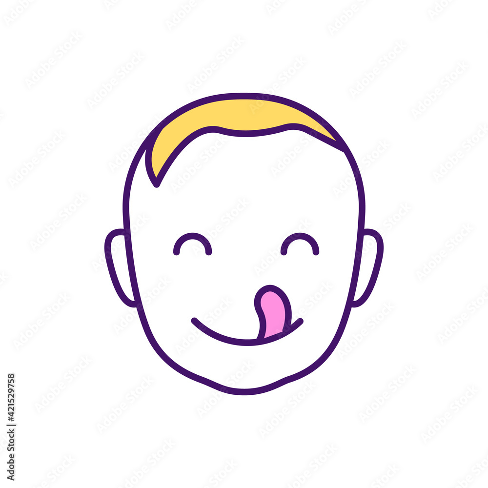 Baby hunger cues RGB color icon. Smacking, licking lips. Infant behavior. Active movements. Feeding baby. Identifying starvation signals. Natural reflex. Showing interest. Isolated vector illustration Baby hunger cues RGB color icon. Smacking, licking lips. Infant behavior. Active movements. Feeding baby. Identifying starvation signals. Natural reflex. Showing interest. Isolated vector illustration