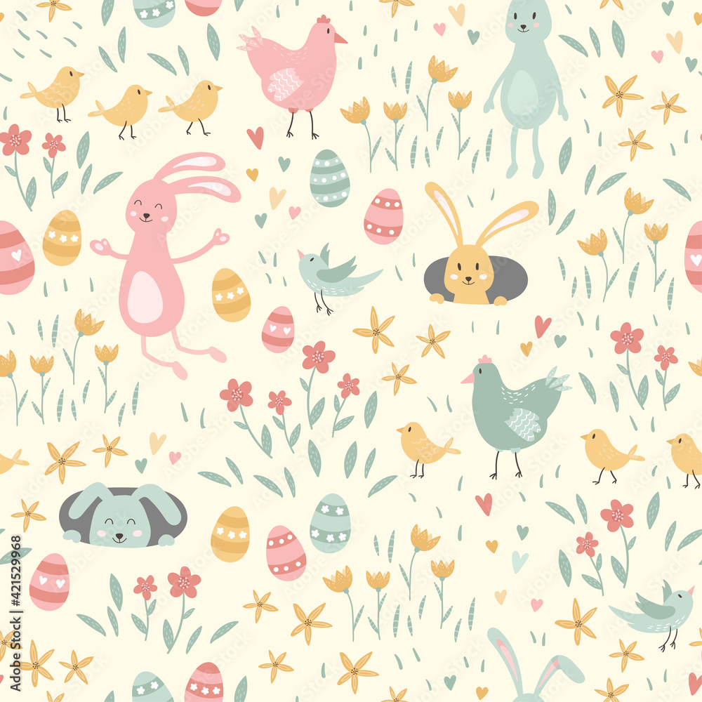 Fototapeta Lovely hand drawn Easter seamless pattern, cute Easter decorations, flowers and eggs, great for textiles, banners, wallpapers, wrapping - vector design