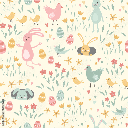 Lovely hand drawn Easter seamless pattern  cute Easter decorations  flowers and eggs  great for textiles  banners  wallpapers  wrapping - vector design