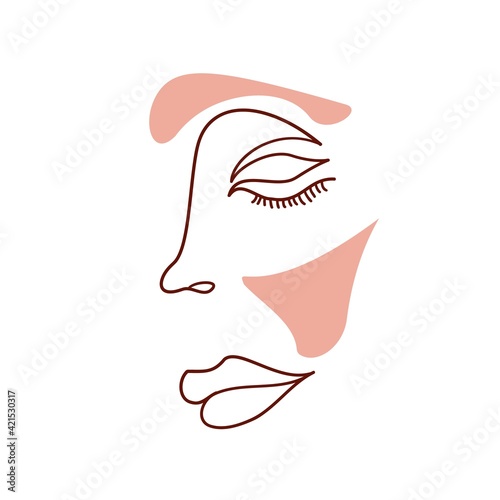 Continuous line, drawing of woman face, One line art face drawing. Boho vector illustration.