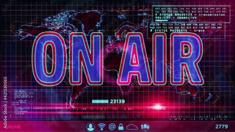 On Air on computer screens. Broadcast, media live stream, blogger, youtuber, influencer and home online broadcasting abstract concept 3d loop animation with glitch effect. On Air on computer screens. Broadcast, media live stream, blogger, youtuber, influencer and home online broadcasting abstract concept 3d loop animation with glitch effect.