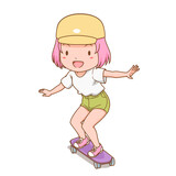 Cartoon character of cute girl riding a skateboard or surf skate.