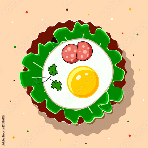 Fried Eggs With Salad Leaves, Salami And Vegetables On A Plate. View from above. Omelet From Eggs. Delicious And Healthy Protein Breakfast.