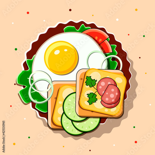 Fried Eggs With Salad Leaves, Salami And Vegetables On A Plate. View from above. Omelet From Eggs. Delicious And Healthy Protein Breakfast.