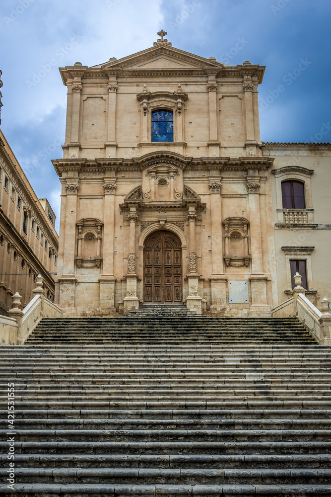 Facade of St Francis of Assisi church in historic part of Noto city, Sicily in Italy