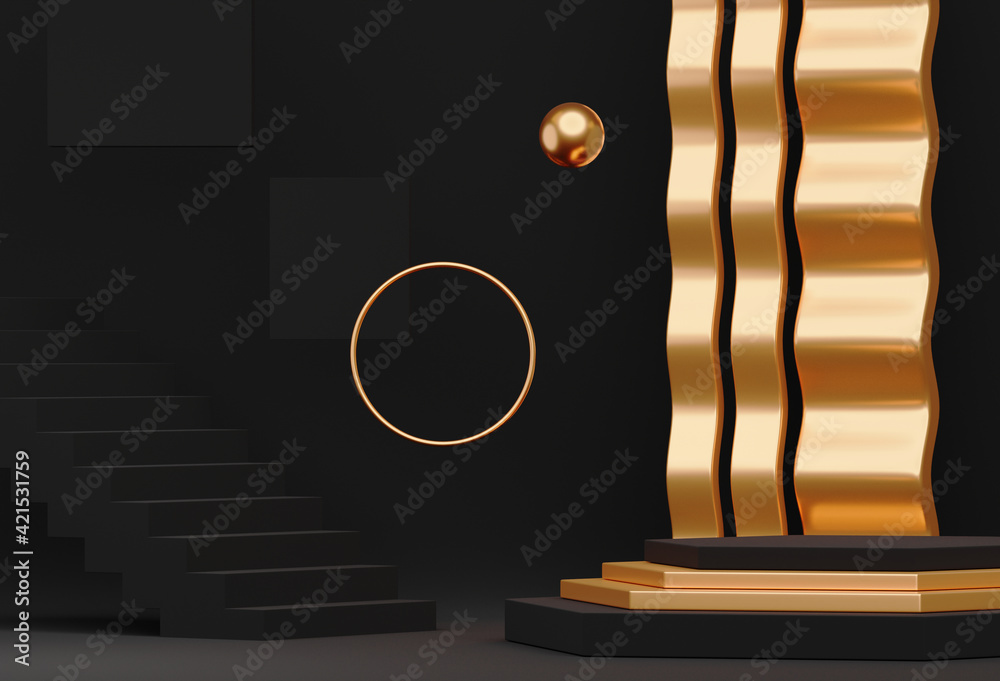 3d interior with podium, background for product presentation. Blank product stand black and golden color with ring, wave and stairs. Advertising place