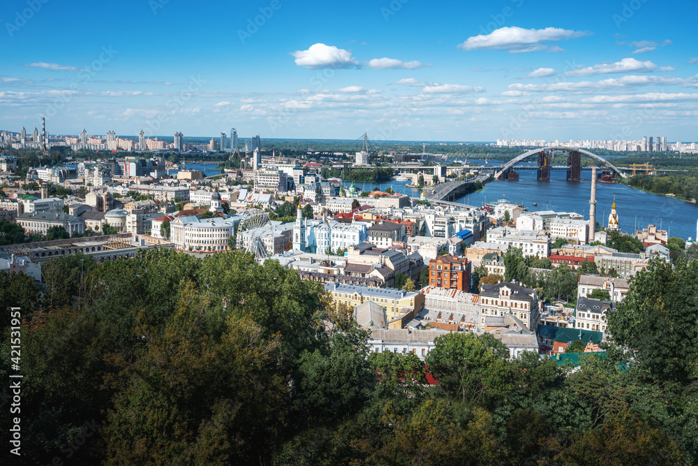 Aerial View of Kyiv with Dnieper River and Podolsky Bridge - Kiev, Ukraine