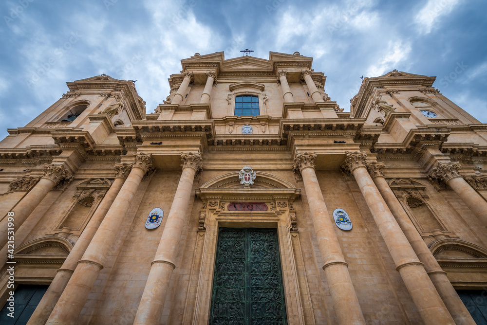 Facade of Roman Catholic cathedral in old part of Noto city, Sicily in Italy