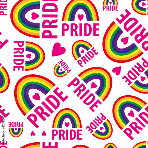 A vector seamless pattern of the words pride. Pride lesbian, gay, bisexual transgender, heart, rainbow on a white background. Symbol of the LGBT community. For fabric, wallpaper, wrapping, websites.