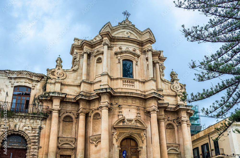 Frontage of St Dominic Church in historic part of Noto city, Sicily in Italy