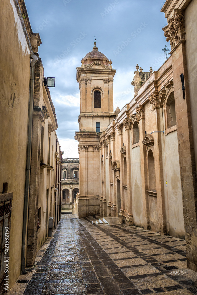 Rear view of Noto Cathedral in historic part of Noto city, Sicily in Italy