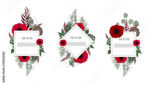 Vector set floral design card. Greeting, postcard wedding invite template. Elegant frame with rose and anemone