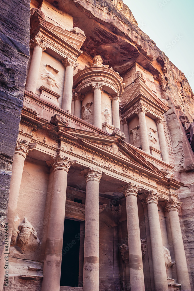 Facade of Al Khazneh - The Treasury, one of main landmarks of Petra historic and archaeological city, Jordan