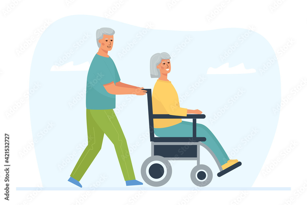 A gray-haired man is pushing a wheelchair with his disabled wife. Elderly married couple walking, active pastime.