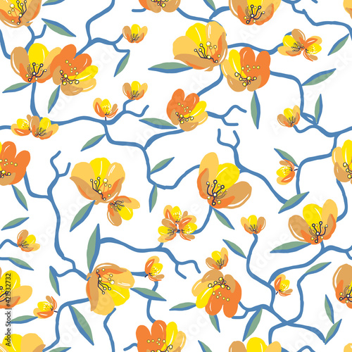 Small flowers seamless pattern. Drawn vintage floral branches, bouquets on white background. Vector illustration © Audra