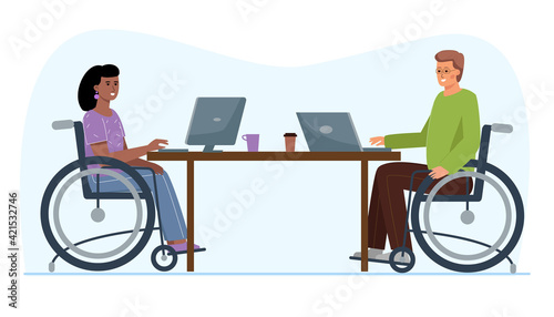 People in wheelchairs work in the office. Labor employment for handicapped persons.