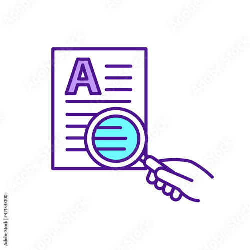 Context recognition RGB color icon. Checking references, citations. Analyzing and understanding article content. Contextual perspective. Documents study. Research method. Isolated vector illustration