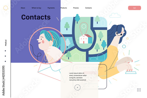 Medical insurance template - clinic contacts. Flat vector