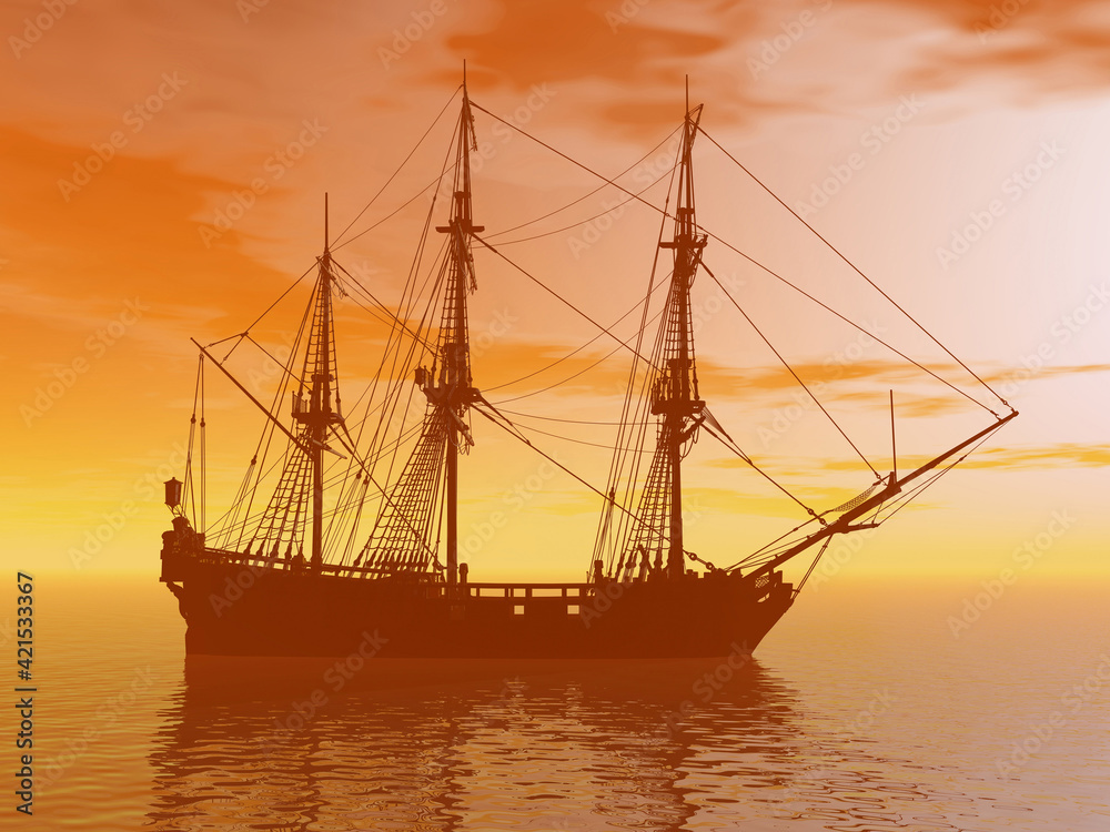 antica nave pirati nel mare calmo al tramonto