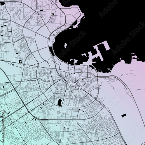 Doha, Ad Dawhah, Qatar (QAT) - Urban vector city map with parks, rail and roads, highways, minimalist town plan design poster, city center, downtown, transit network, street blueprint