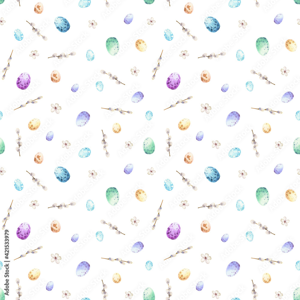 Colorful eggs, pussy willow seamless pattern Watercolor Easter background