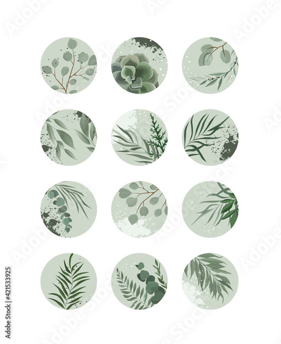 Highlight cover set, abstract floral botanical icons for social media. Vector illustration