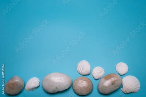 Sea shells and small stones on the blue background, with free space for text. Top view, elegant flat lay. Beautiful background and template for your design.