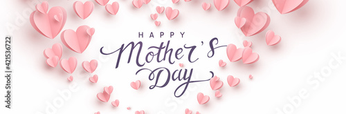 Mother's day greeting card. Vector banner with 3d flying pink paper hearts. Symbols of love and handwriting lettering text on white background