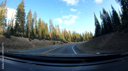 Driving on road curve in beautiful forest landscape. Grand Mesa, Colorado photo